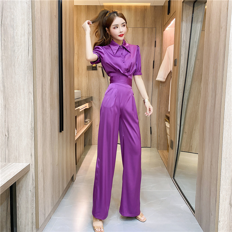 Summer fashion tops lapel long pants a set