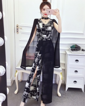 Printing ladies tops split long pants a set
