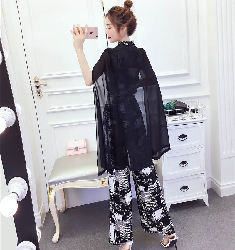 Printing ladies tops split long pants a set