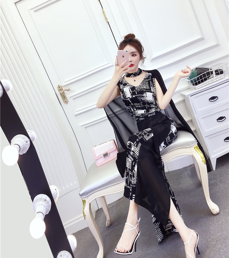 Printing ladies tops split long pants a set