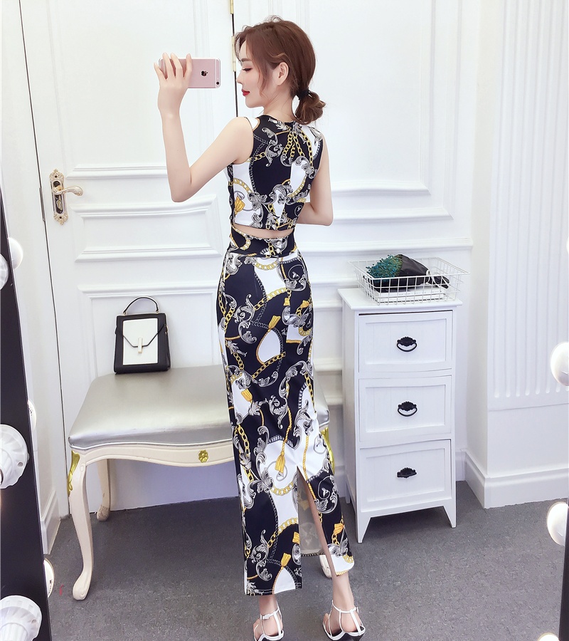 Fashion printing long skirt temperament tops a set