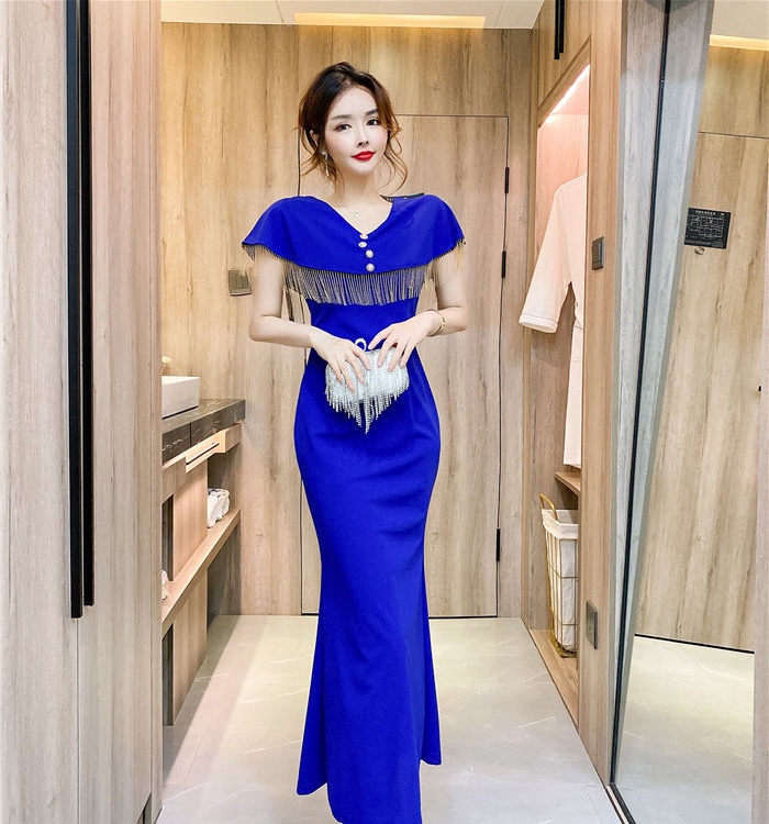 Package hip single-breasted long dress tassels tight dress