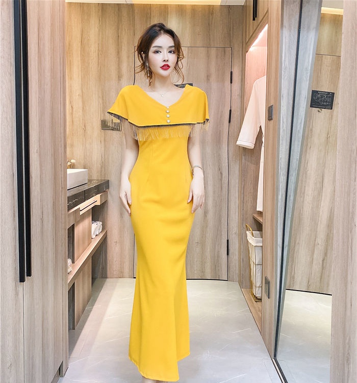 Package hip single-breasted long dress tassels tight dress