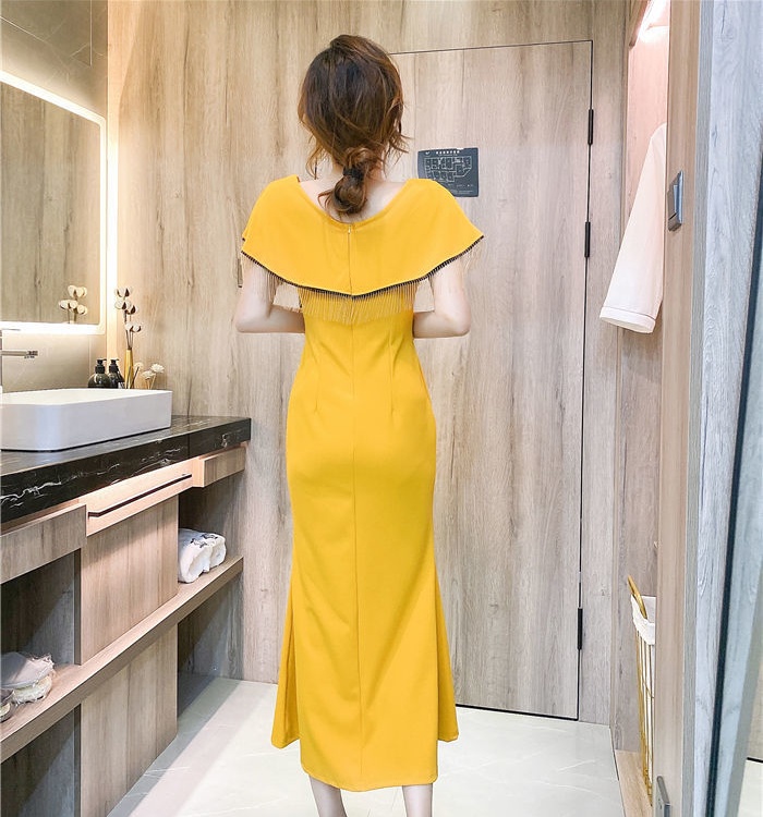 Package hip single-breasted long dress tassels tight dress