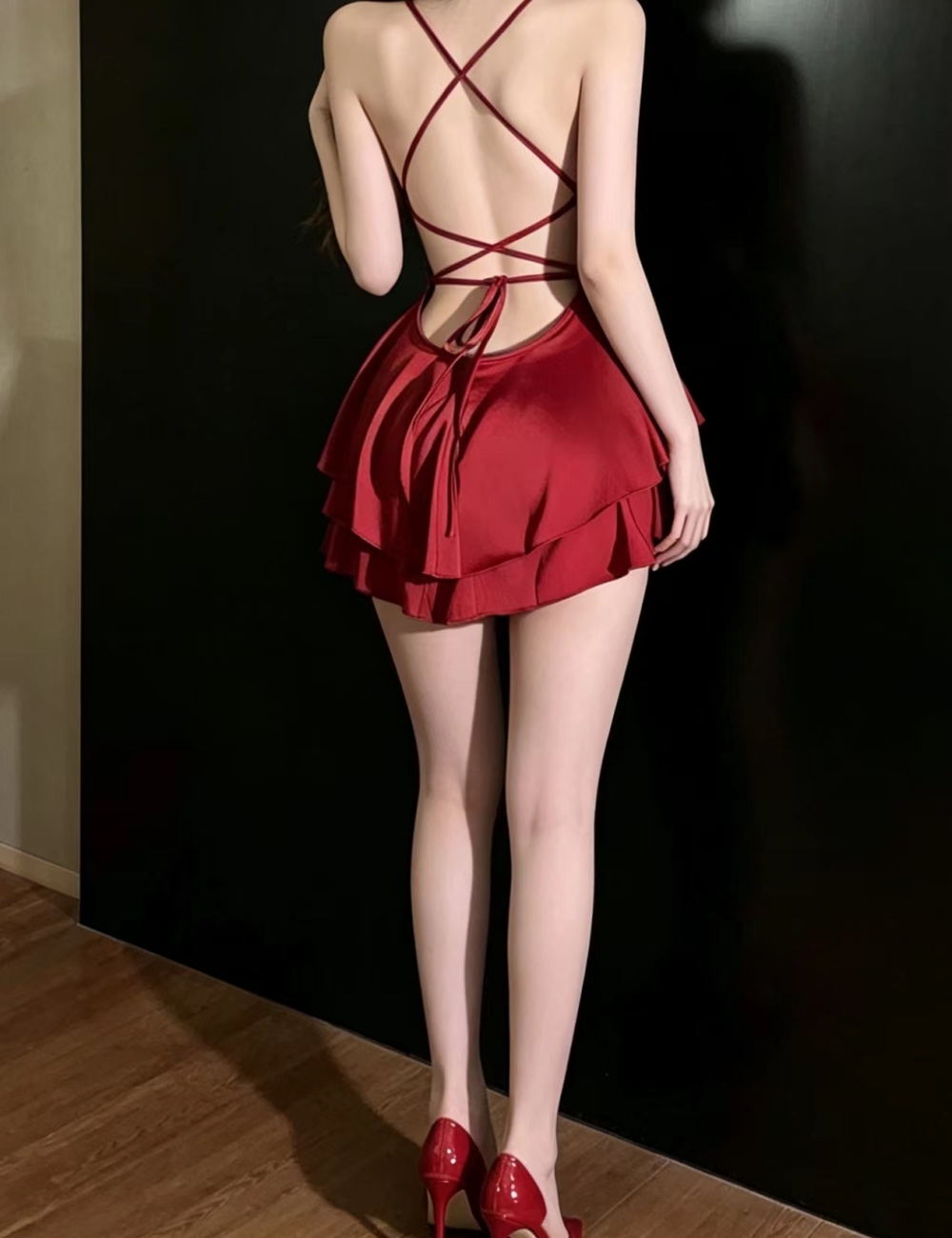 Imitation silk satin frenum sexy sling spicegirl short dress