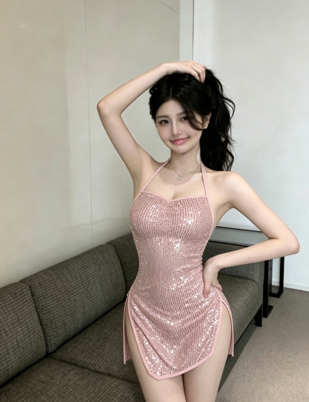 Sexy pink enticement package hip split slim single dress