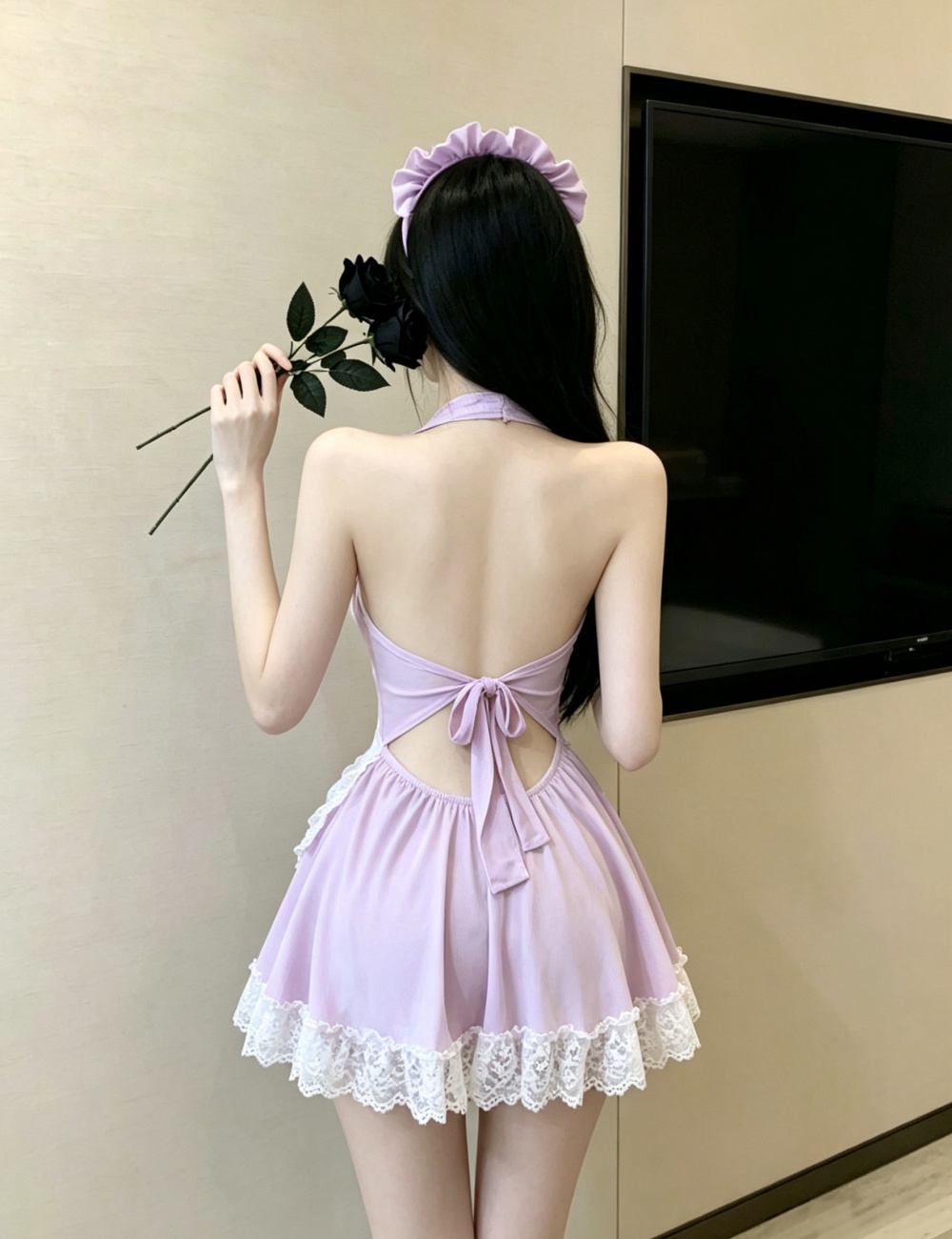 Halter sexy bow night dress splice lace dress