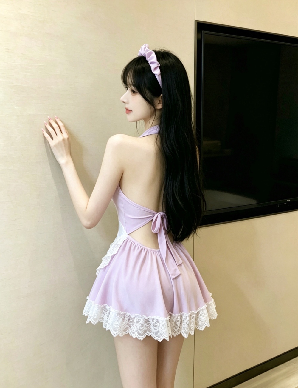 Halter sexy bow night dress splice lace dress