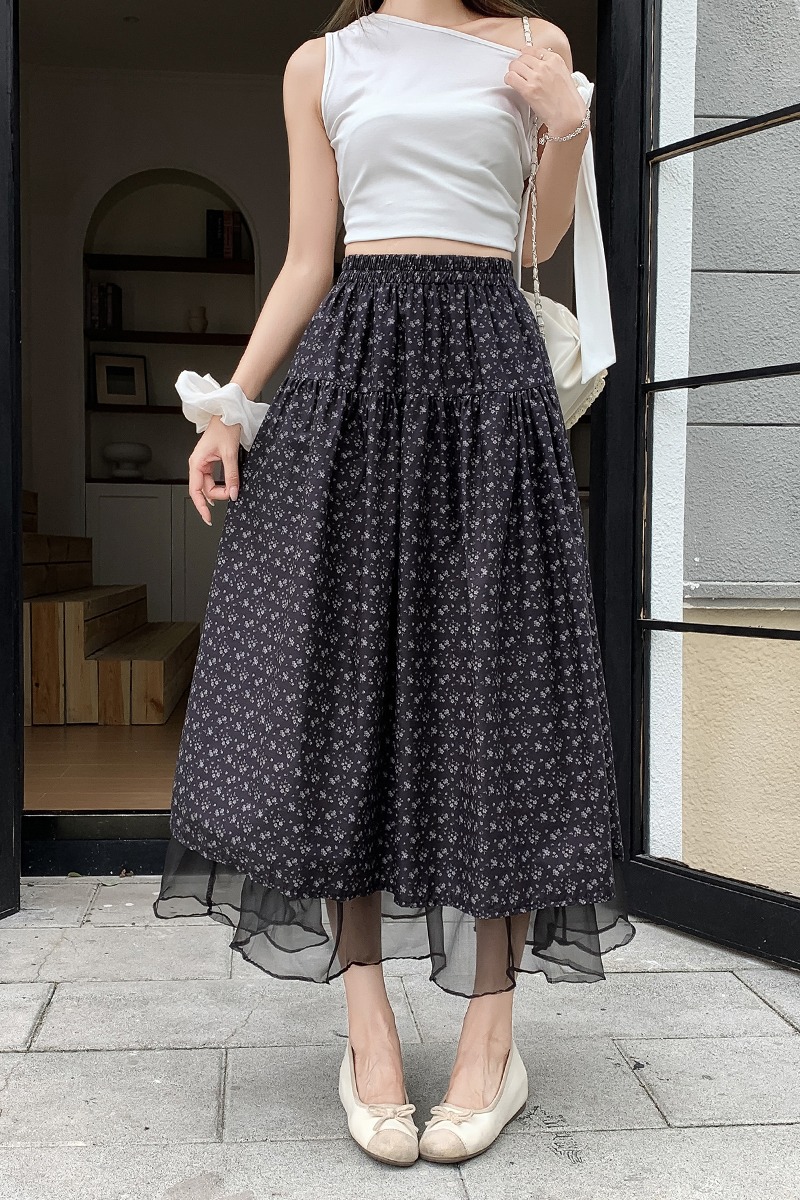 Thin splice high waist long dress slim floral skirt