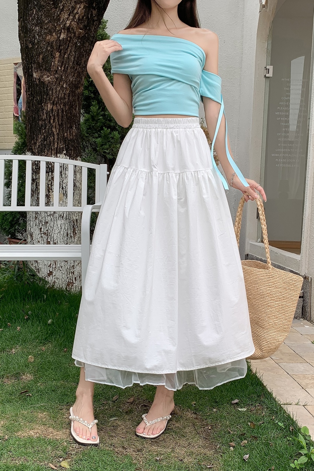 A-line Pseudo-two pleated white skirt for women