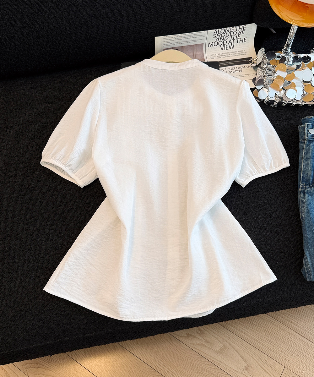 Round neck loose short sleeve tops embroidered summer shirt