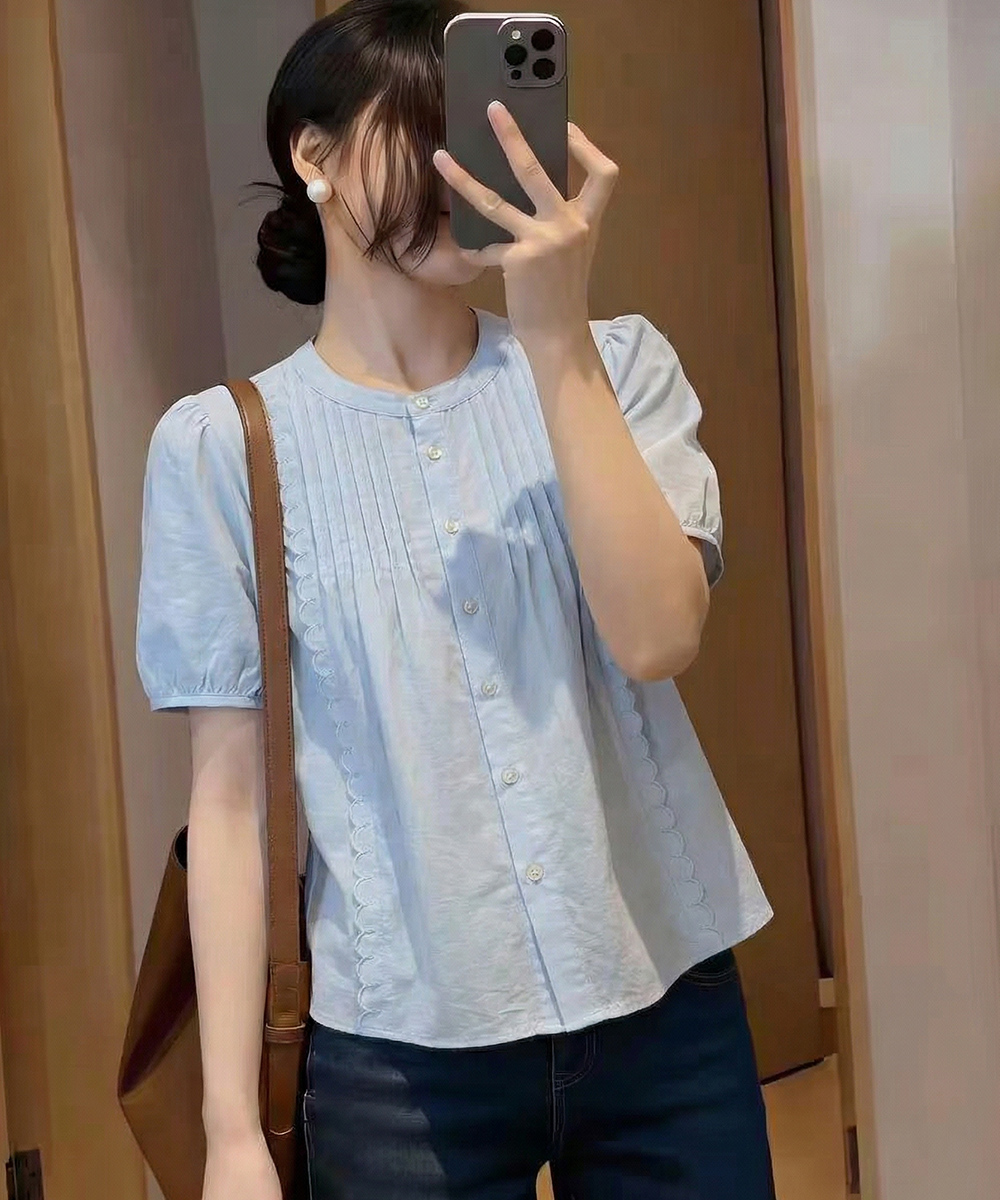 Round neck loose short sleeve tops embroidered summer shirt