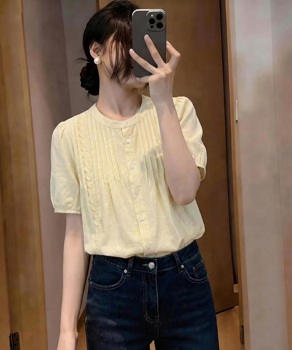 Round neck loose short sleeve tops embroidered summer shirt