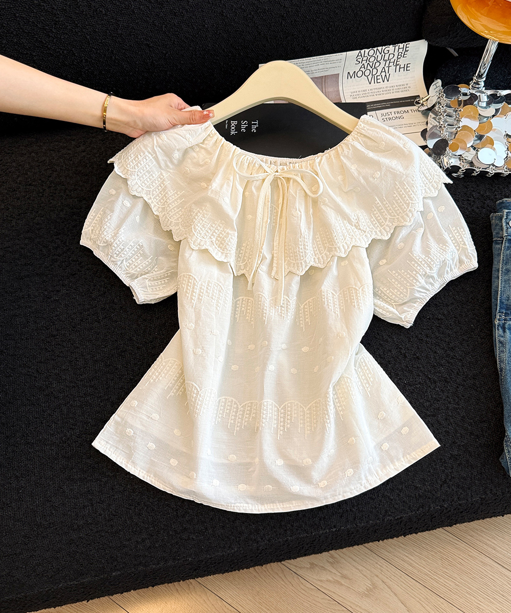 Lotus leaf edges tops horizontal collar shirt for women