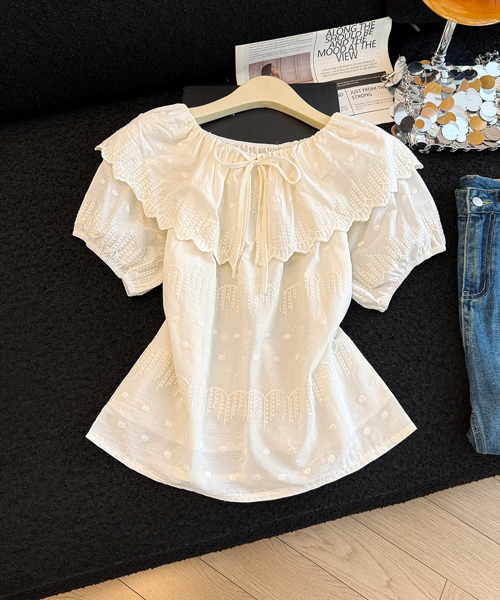 Lotus leaf edges tops horizontal collar shirt for women