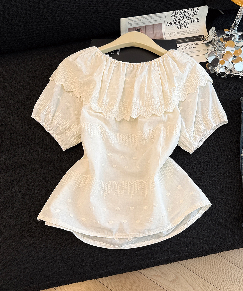 Lotus leaf edges tops horizontal collar shirt for women