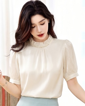 Beading fungus summer tops fold satin drape shirt for women