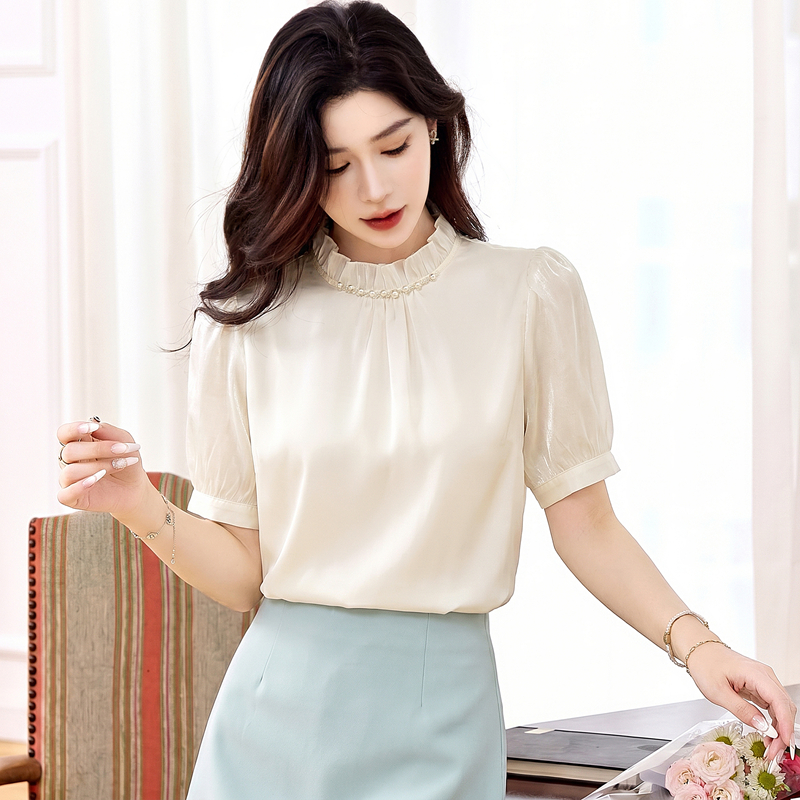 Beading fungus summer tops fold satin drape shirt for women