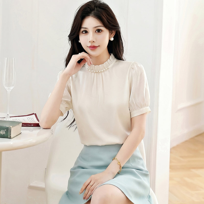 Beading fungus summer tops fold satin drape shirt for women