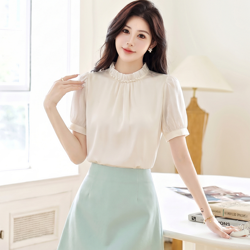 Beading fungus summer tops fold satin drape shirt for women