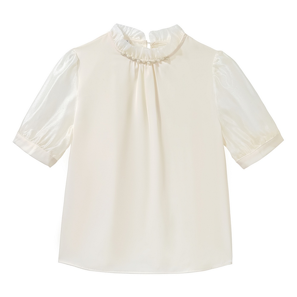 Beading fungus summer tops fold satin drape shirt for women