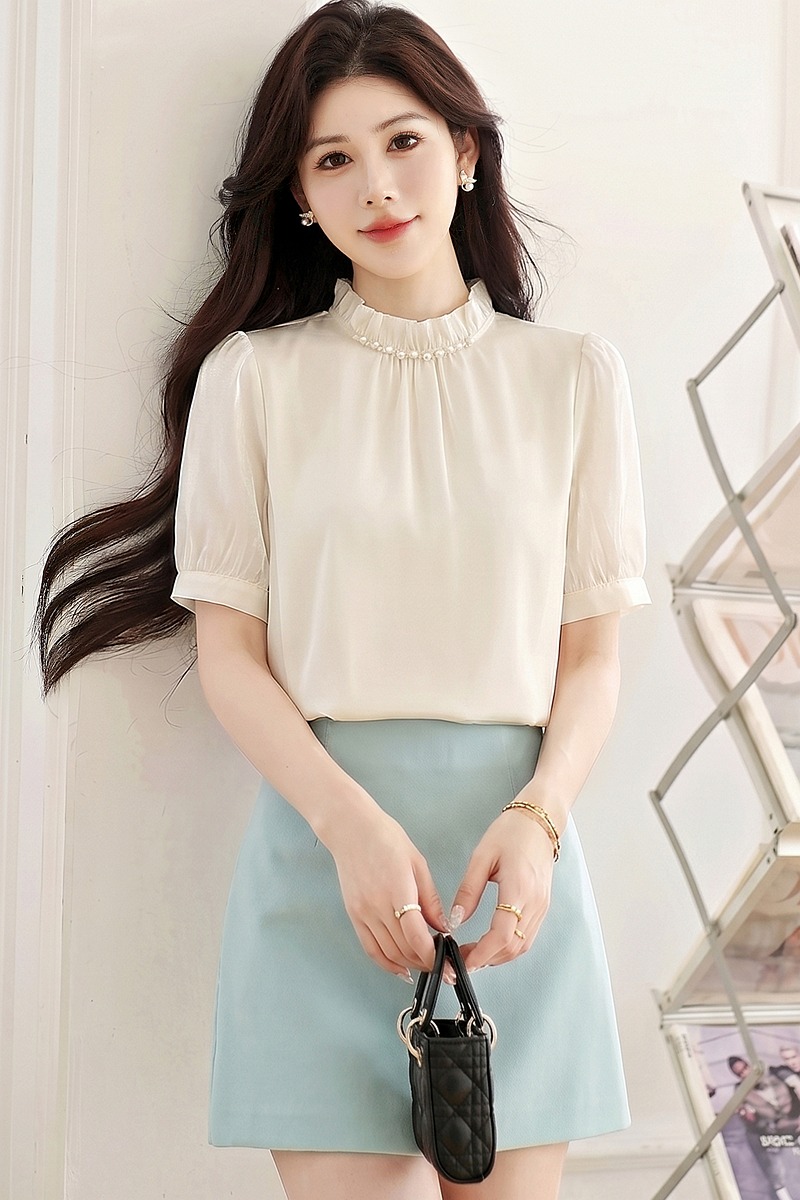 Beading fungus summer tops fold satin drape shirt for women