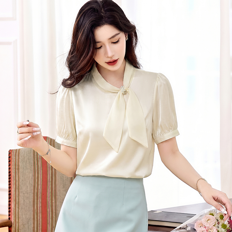 Short sleeve profession tops satin shirt for women