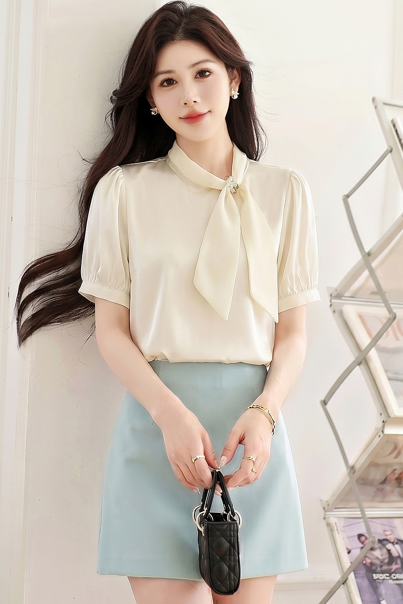Short sleeve profession tops satin shirt for women