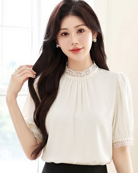 Summer cstand collar shirt fold splice tops for women