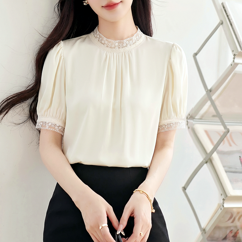 Summer cstand collar shirt fold splice tops for women