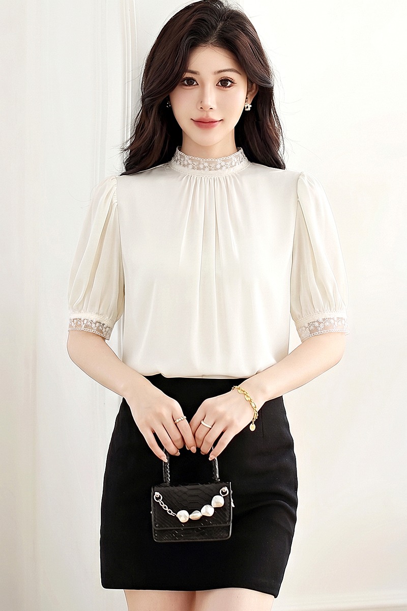 Summer cstand collar shirt fold splice tops for women