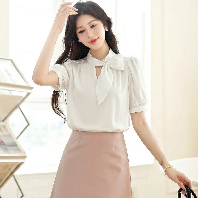 Summer streamer tops puff sleeve profession shirt for women
