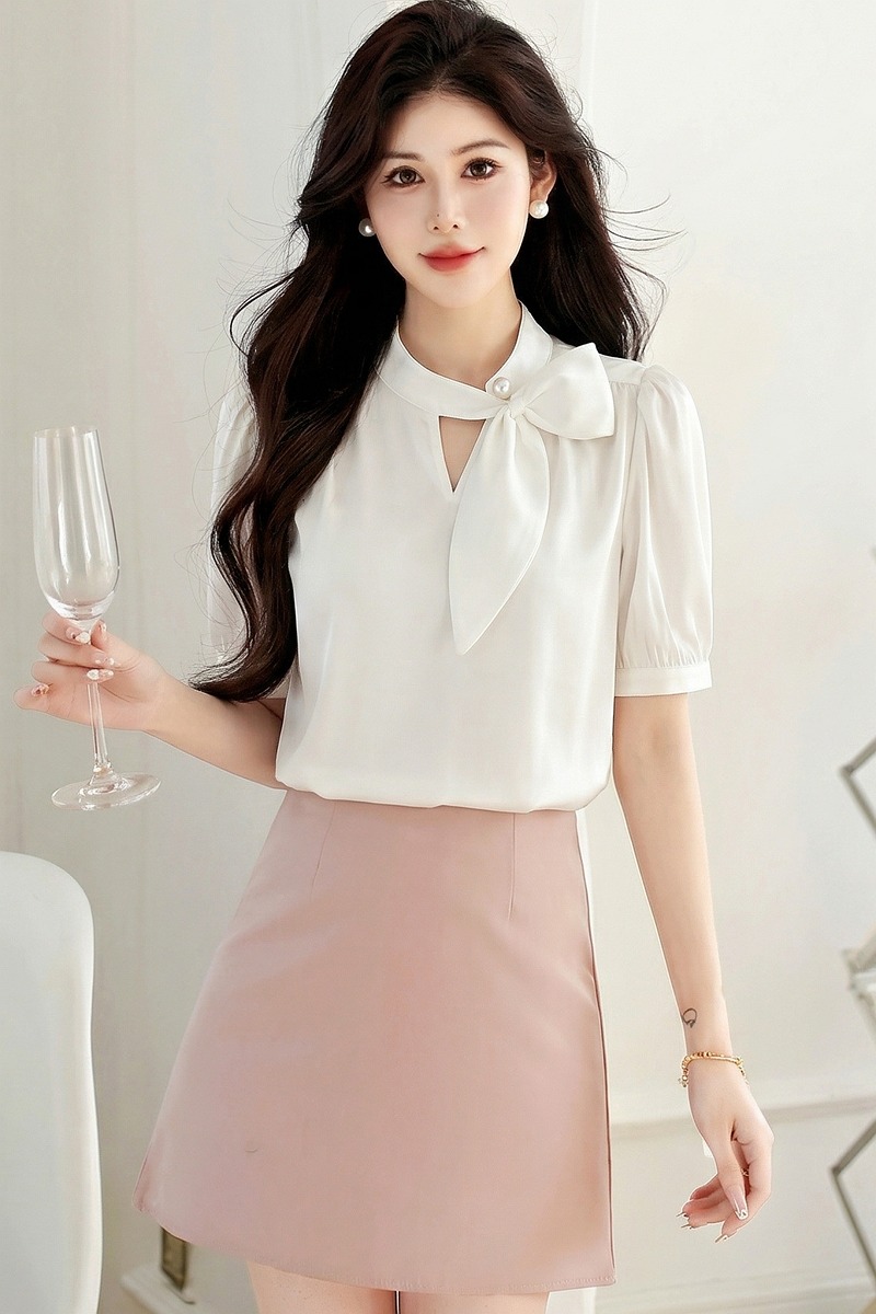 Summer streamer tops puff sleeve profession shirt for women