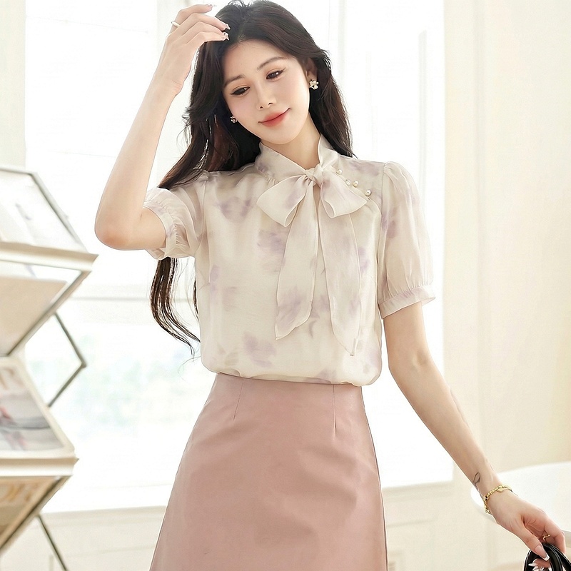 Temperament slim floral tops summer chiffon shirt for women