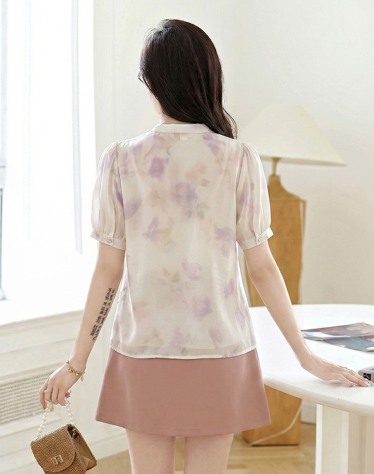 Temperament slim floral tops summer chiffon shirt for women