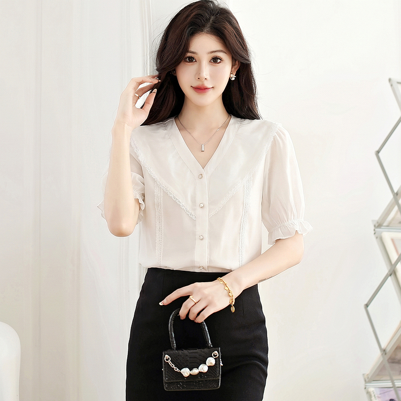 Cover belly short sleeve tops V-neck shirt for women