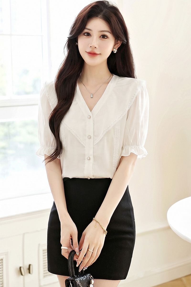 Cover belly short sleeve tops V-neck shirt for women