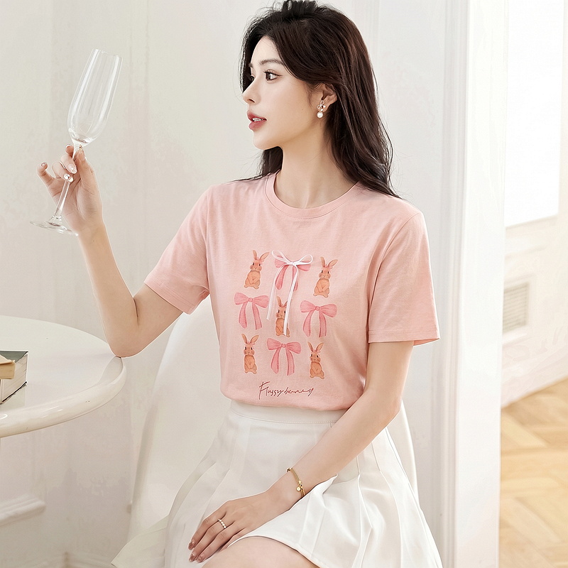 Unique spring and summer pink T-shirt loose short sleeve tops