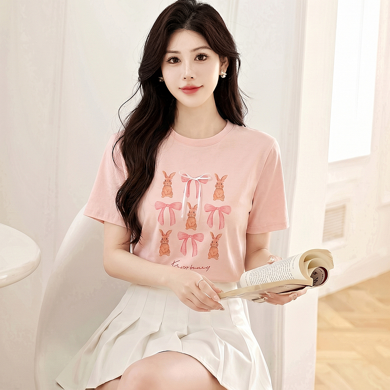 Unique spring and summer pink T-shirt loose short sleeve tops