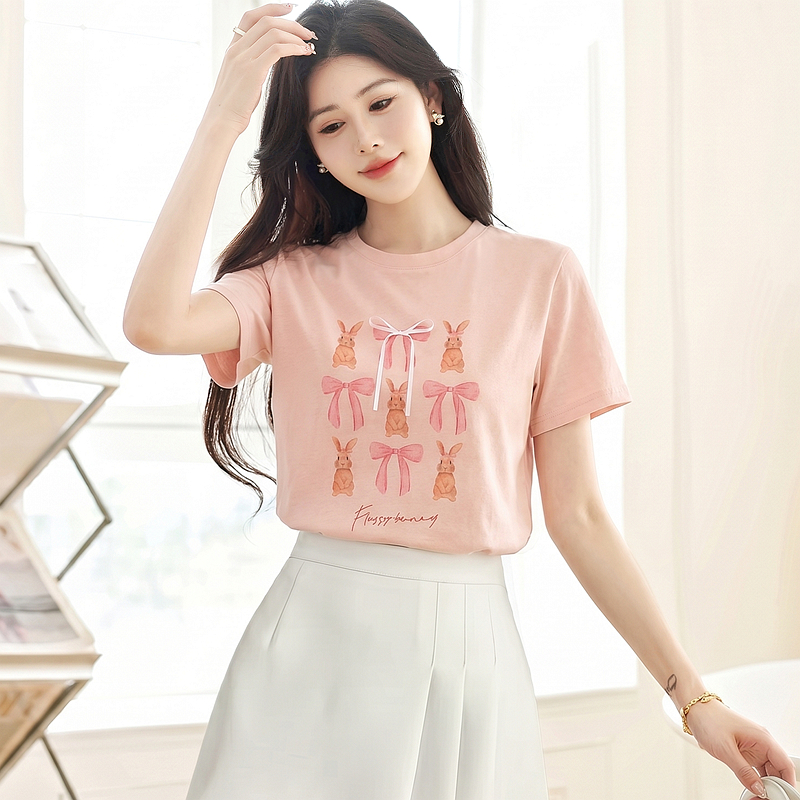 Unique spring and summer pink T-shirt loose short sleeve tops