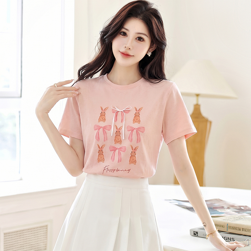 Unique spring and summer pink T-shirt loose short sleeve tops