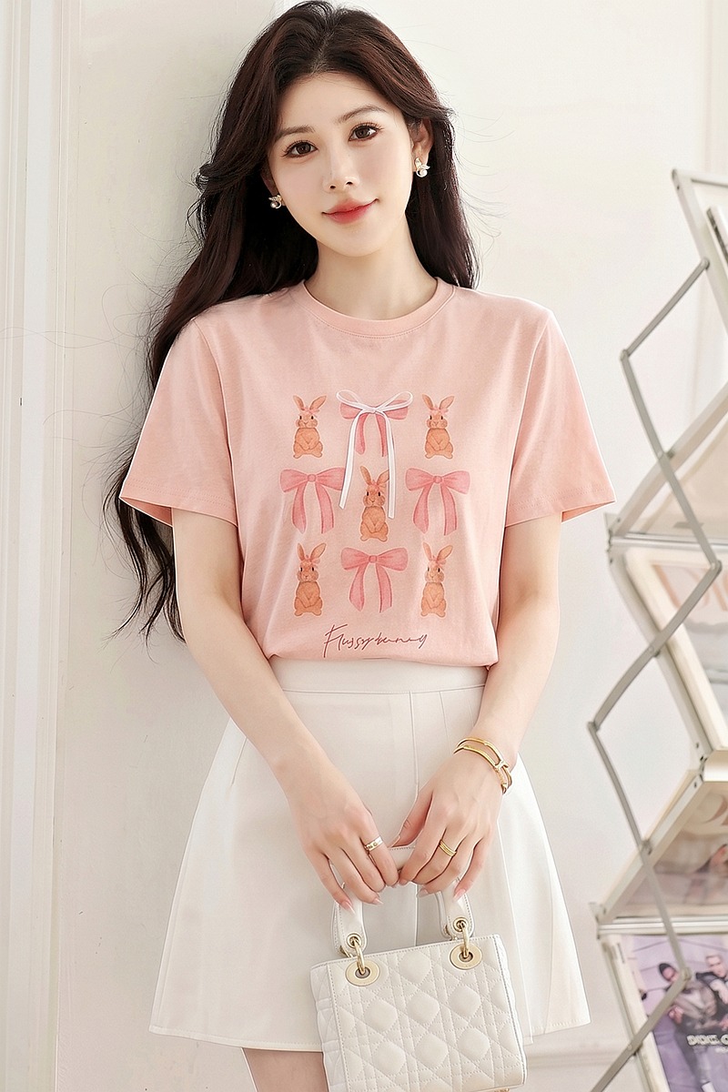 Unique spring and summer pink T-shirt loose short sleeve tops
