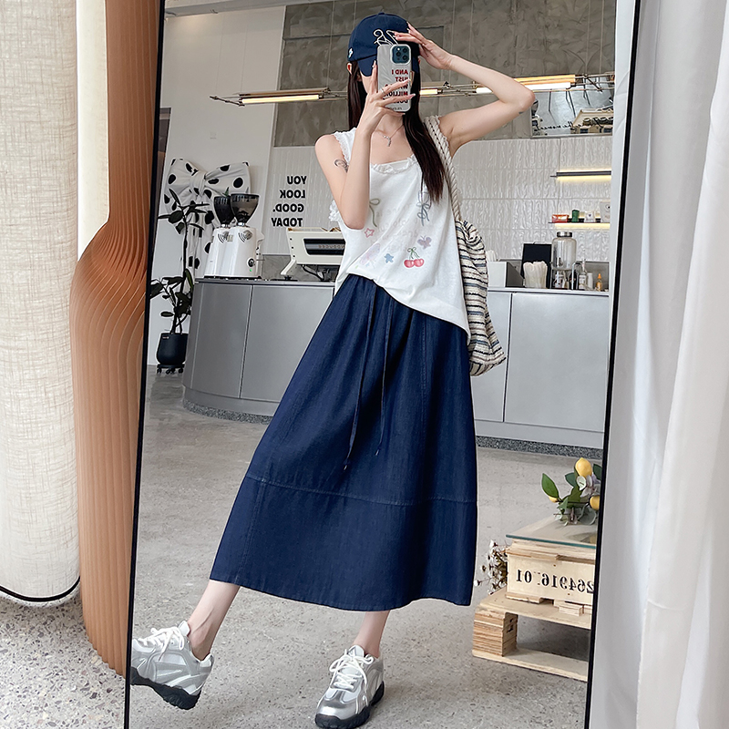 A-line long denim loose slim small fellow skirt