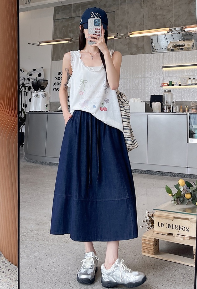 A-line long denim loose slim small fellow skirt