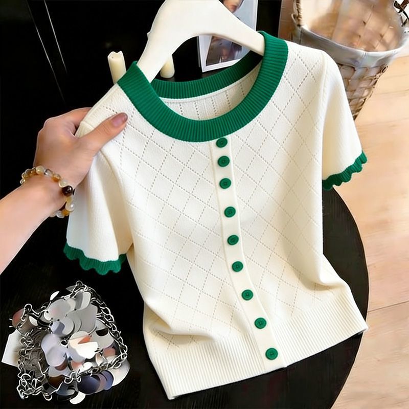 Wood ear short sleeve sweater hollow tops for women