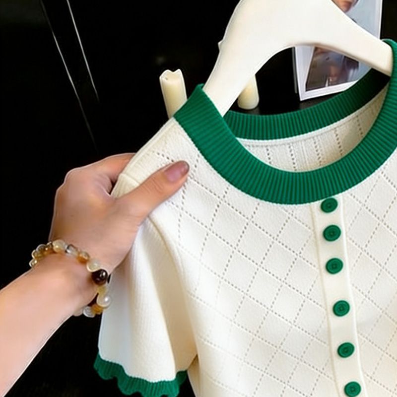 Wood ear short sleeve sweater hollow tops for women