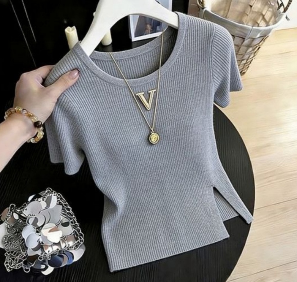 Split ice silk tops short sleeve T-shirt for women