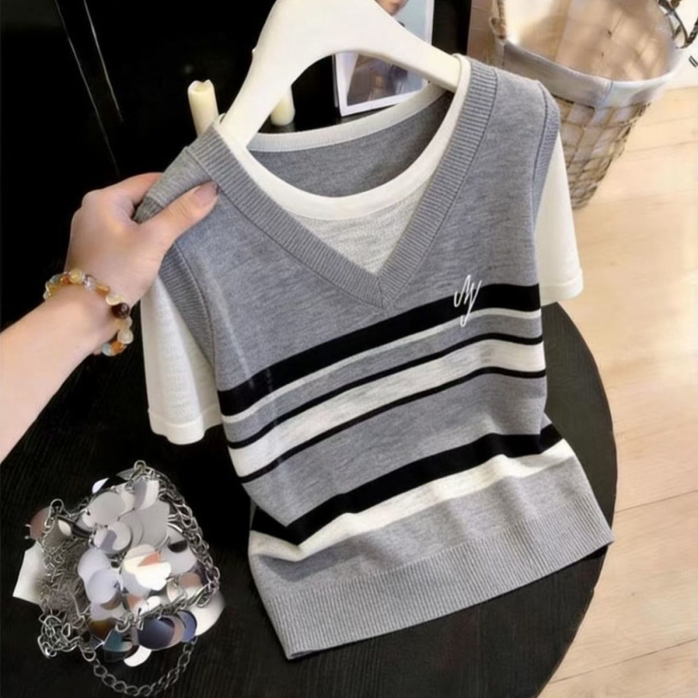 Mixed colors short sleeve tops Pseudo-two T-shirt