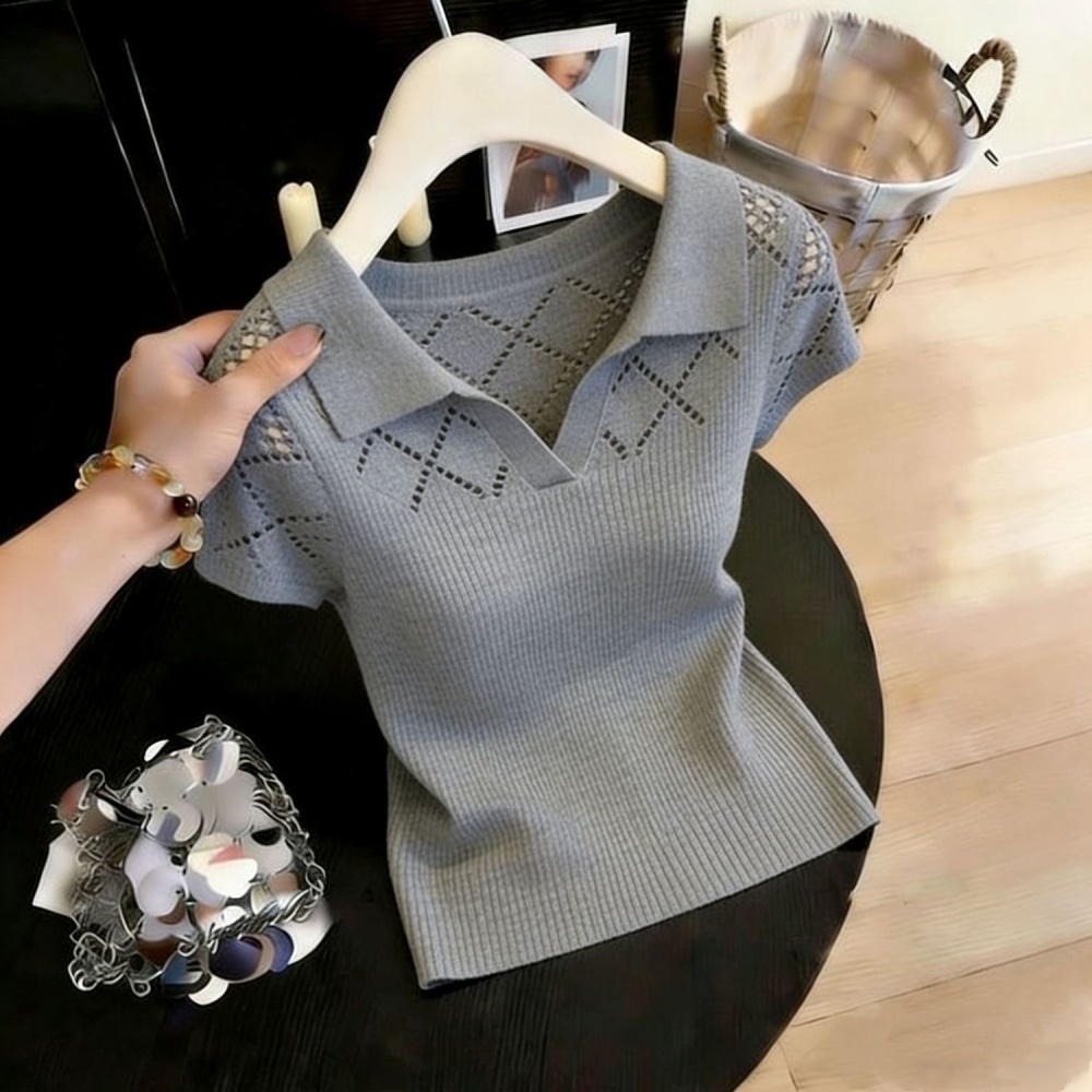 Gray slim shirts hollow spring and summer tops for women