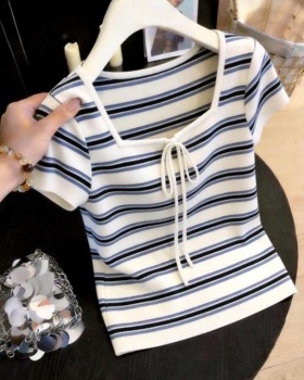 Retro show young square collar stripe niche tops for women